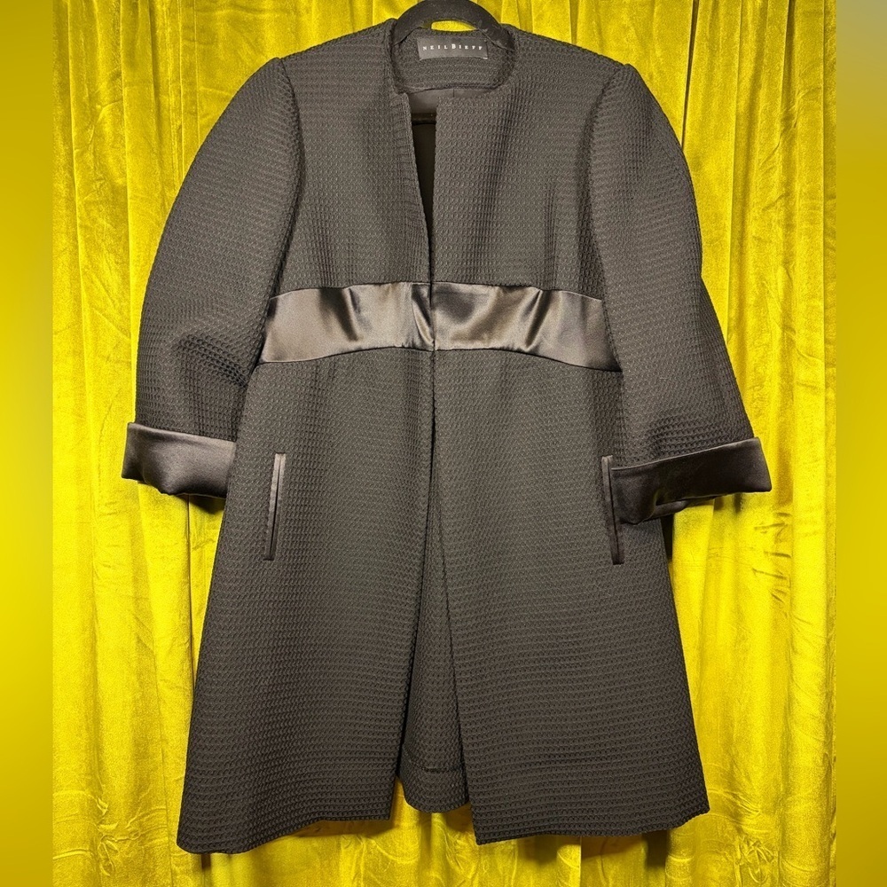 RARE Incredible Vintage Neil Bieff Black collarless Black satin textured coat